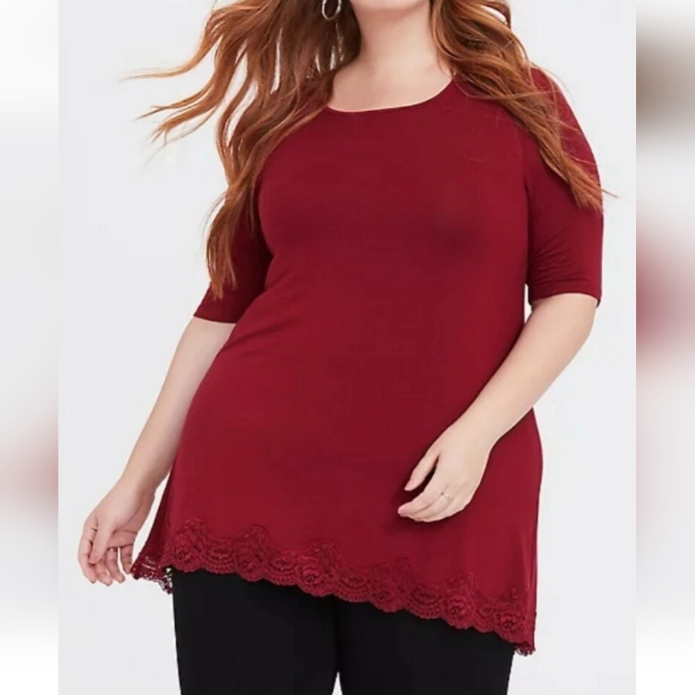 Torrid SUPER SOFT DARK RED LACE TRIM TUNIC TEE